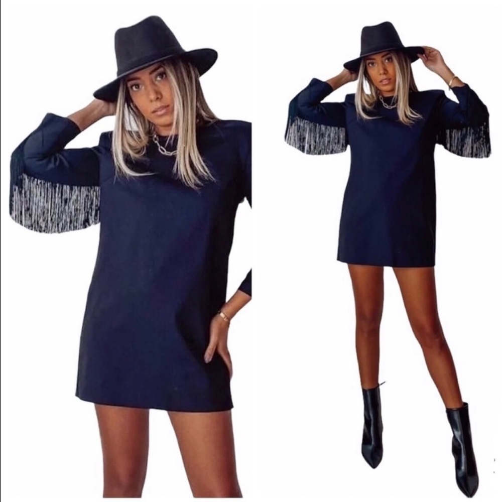 Zara Fringed Mini Dress Black L 8375/250